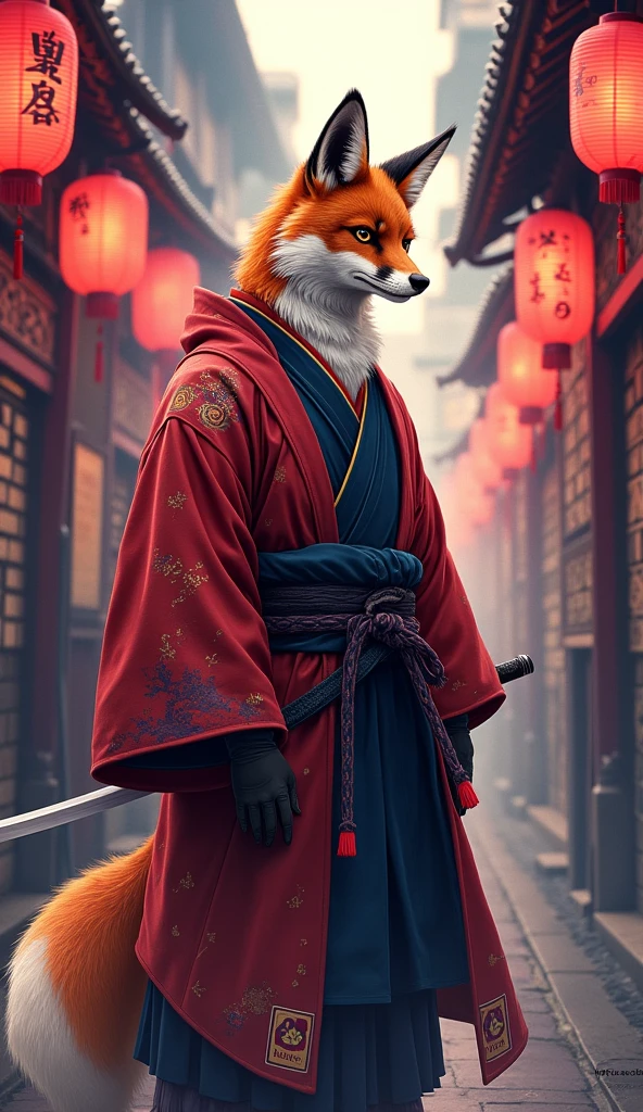 The title and description would aptly reflect the regal and enigmatic nature of the image. A suggested title could be "Samurai Fox in Mystic Alley." The depiction would be described as a powerful, anime-inspired fox dressed as a samurai ninjain a vibrant kimono, exuding strength and culture in a mystically lit Japanese alley adorned with pink and red lanterns, embodying a deep sense of Eastern tradition and adventure.