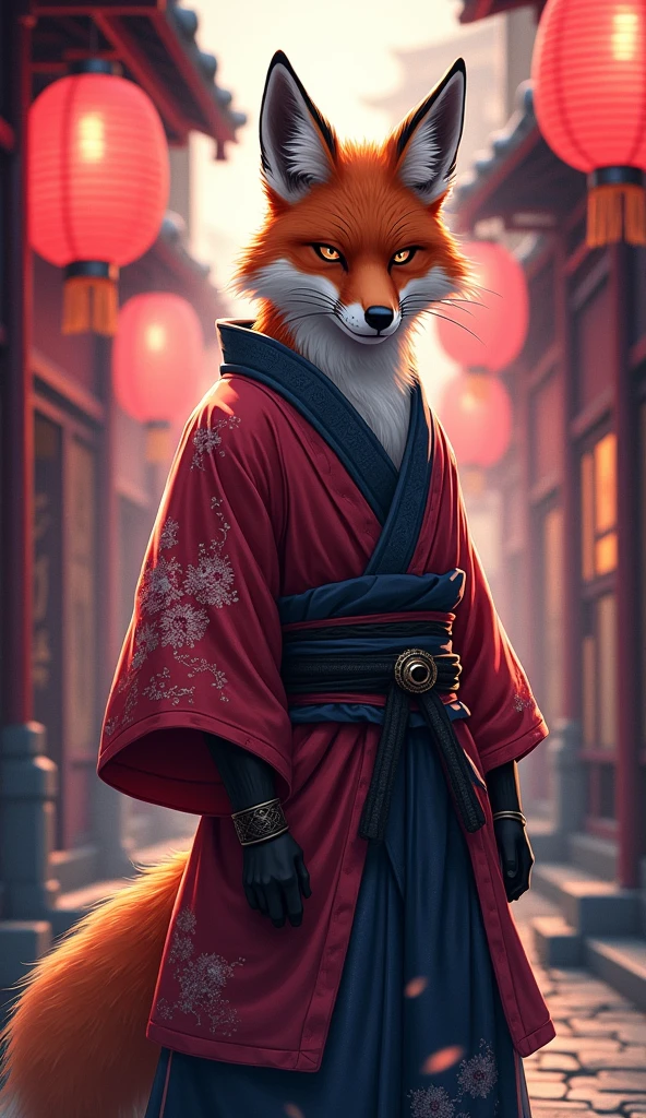 The title and description would aptly reflect the regal and enigmatic nature of the image. A suggested title could be "Samurai Fox in Mystic Alley." The depiction would be described as a powerful, anime-inspired fox dressed as a samurai ninjain a vibrant kimono, exuding strength and culture in a mystically lit Japanese alley adorned with pink and red lanterns, embodying a deep sense of Eastern tradition and adventure.