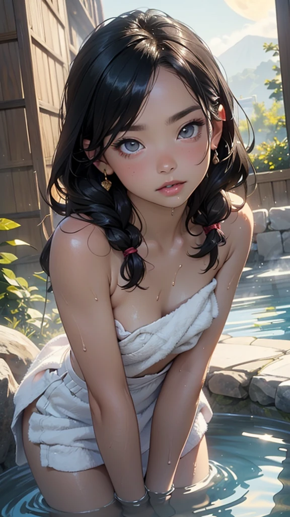 cute a bit ,(((a bit ,Tiny little body,,Chibi))),((())),((a bit  with extremely cute and beautiful Black Hair)),(baby face), (Round face),Bit Girl,small ,smallアンダーバスト,

(((Flat Chest))),(((Black Hair:1.5,Chiban,Braided Hair,Inner hair color,Ear breathing))),((Heterochromia iridis:1.5, (pink_eye and gold_eye))),Elaborate eyes,beautiful detailed eyes,symmetrical eyes,big eyes:1.5,(((Shiny skin:1.5,Light Skin: 1.5,The skin was tanned,Shiny skin,very Shiny skin,Shiny body,Plastic Glitter Skin,exaggerated Shiny skin,Glowing Skin,Wet Legs))),(Detailed body,(Detailed face)),

cute,Lewd,Erotic,((nsfw)),

((Wrapped in a tight-fitting bath towel)), (Wet Hair, Wet Skin) and (steam),(((Naked under the towel))),

(Dynamic pose:1.0),Embarrassing,(Center,Fit to size,Three-part method),

Open-air bath,hot spring,hot springの池,Rock Bath Full Moon,Mountain in the background々,stream,The hot spring is steaming,at night,scenery,extremely scenery,

(Shiny Asian ornaments),High resolution,Sharp focus,(Super detailed,Very detailed),(Photorealistic artwork:1.37),(Very detailed CG unity 8k wallpaper),(((Vibrant colors,Vivid Themes))),(Elaborate),(masterpiece),(Best Quality),Artistic photography,(Photography by sldr),(Elaborate background),Perfectly rendered faces,Perfect facial details,Realistic Face,Photorealistic,((Elaborate detail)),(((realism))),
