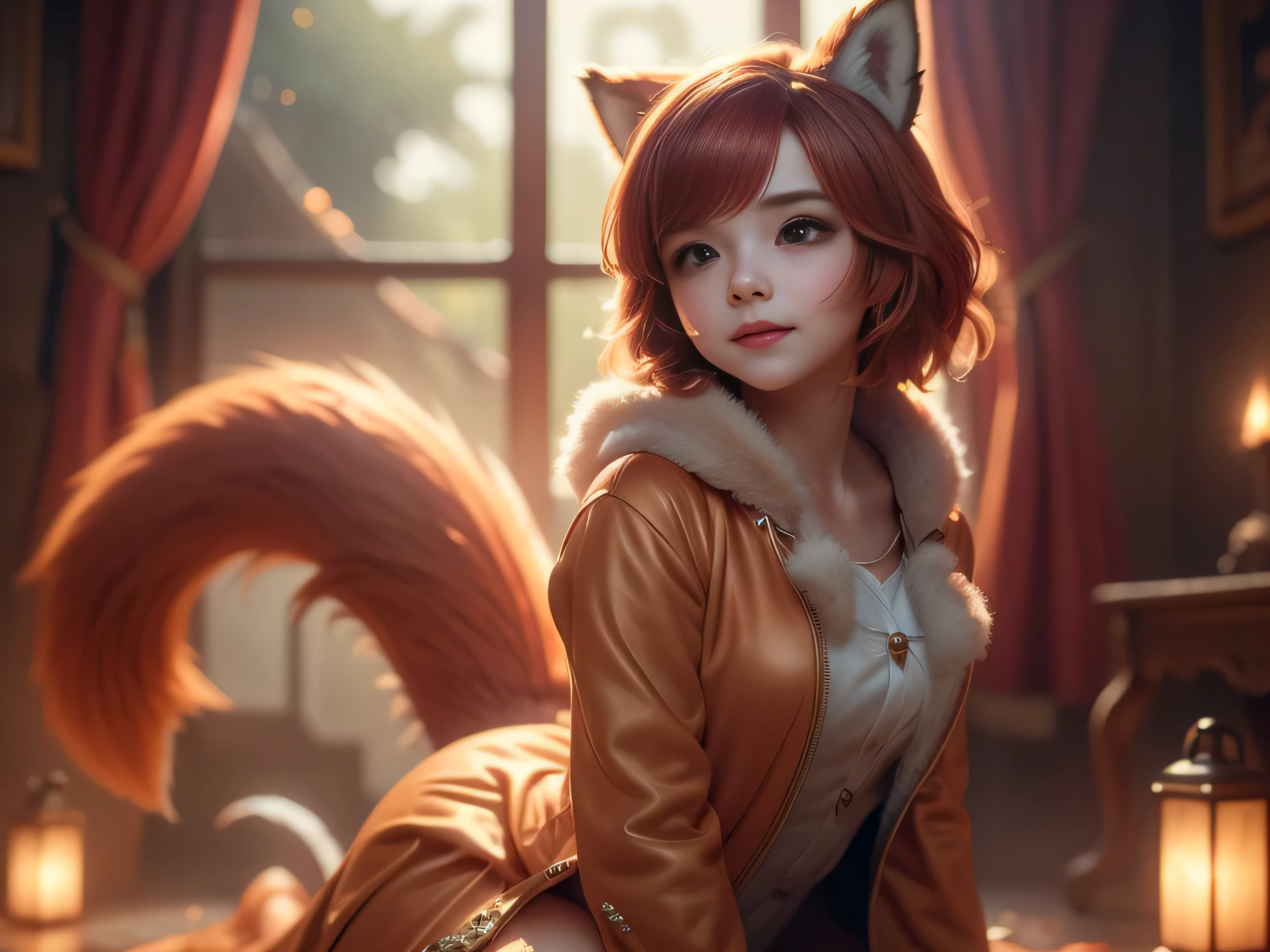 (Best Quality, Super Detailed, masterpiece, representative work, official art, professional, super high detail, 8k:1.3) Cute girl face, ginger hair, ((brown)) eyes, 1 girl, fox costume, hood, fox tail, furry, kneeling, girl dressed as furry, Vivid colors, Red hair, Innocent expressions, Playful features, Natural lighting, Soft background, Photorealistic, Shining eyes, Sharp focus, Glowing skin, Sweet and mischievous look, Hint of mischief, Dreamy atmosphere, Delicate details, soft volumetric light, (backlight:1.3), (cinematic:1.2), intricate details, (ArtStation:1.3)