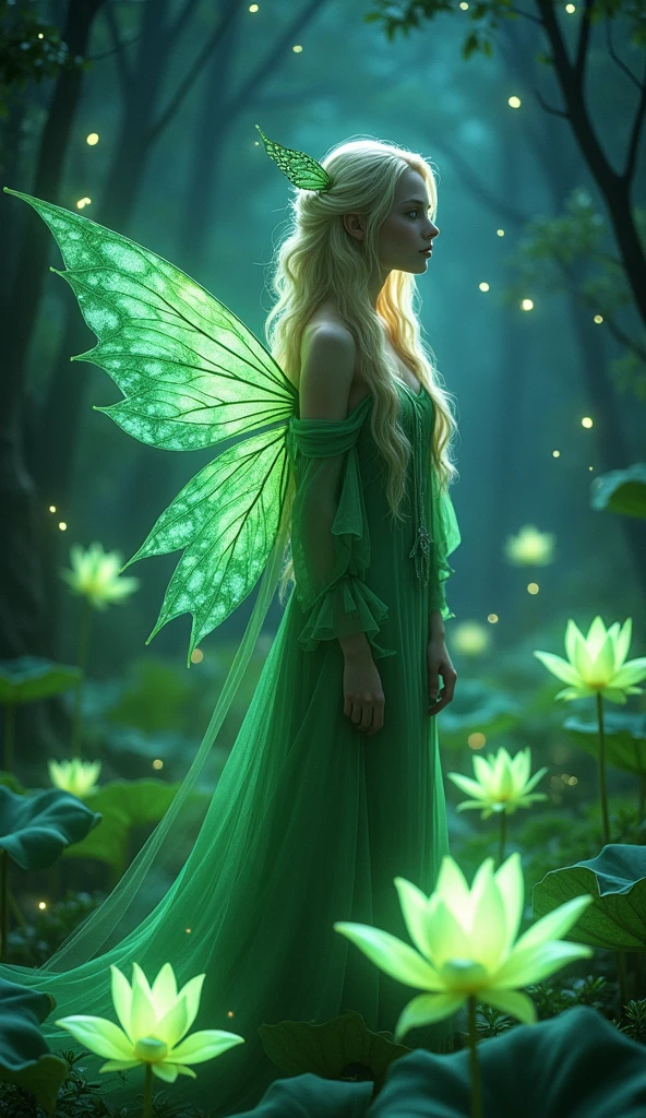 The image illustrates a beautiful and enchanting night scene in a fantasy forest, where a blonde-haired fairy adorned in green, decorated with leaf-like elements, stands amidst glowing green plants and possibly lotus flowers. The backdrop features a vibrant, star-studded sky, enhancing the magical ambiance of the setting. The image may be titled something akin to "Starry Fairy Night" to capture the fairy's graceful presence amidst the mystical forest setting.