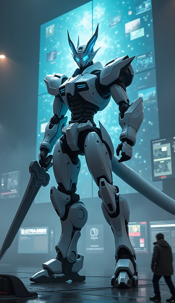 "The Guardian of the Control Room: A towering robot with a sleek white body and vivid blue facial features vigilantly stands amidst a dark, high-tech control room. With glowing blue eyes and lights accentuating its horns and tail, it exudes an aura of futuristic might. In its grasp, it clutches a sword and shield, ready to defend against unseen threats. The room's ambiance is set by a multitude of screens, casting an array of visuals in the shadows, contributing to the overall cyberpunk essence of the scene."