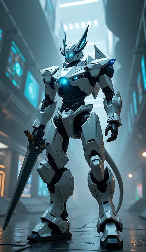 "The Guardian of the Control Room: A towering robot with a sleek white body and vivid blue facial features vigilantly stands amidst a dark, high-tech control room. With glowing blue eyes and lights accentuating its horns and tail, it exudes an aura of futuristic might. In its grasp, it clutches a sword and shield, ready to defend against unseen threats. The room's ambiance is set by a multitude of screens, casting an array of visuals in the shadows, contributing to the overall cyberpunk essence of the scene."