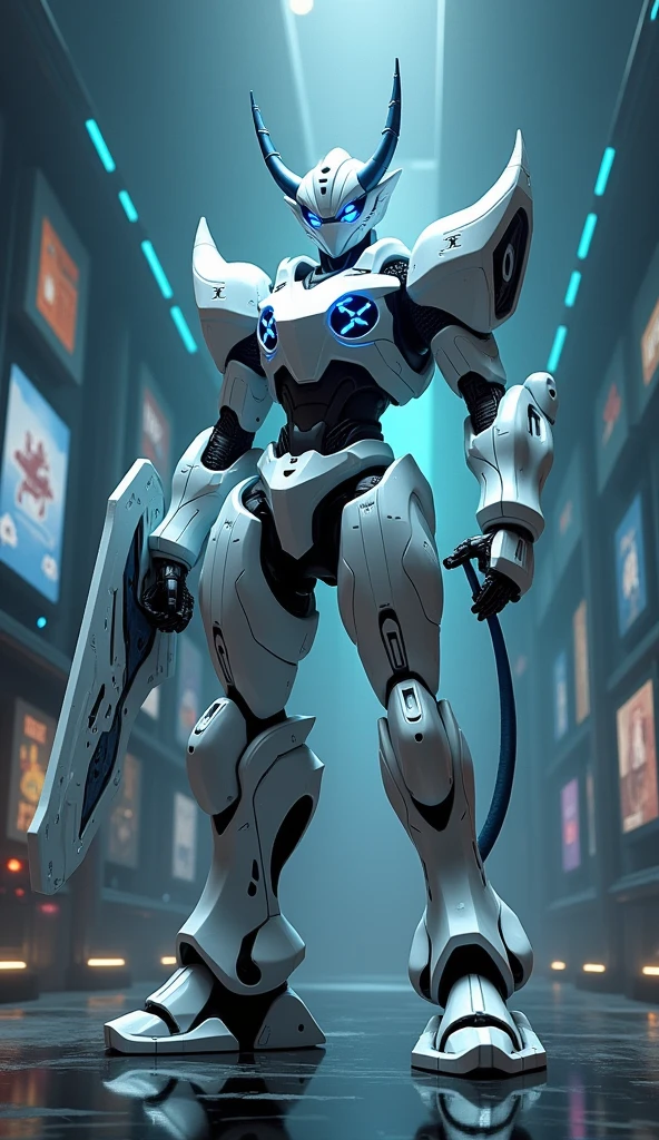 "The Guardian of the Control Room: A towering robot with a sleek white body and vivid blue facial features vigilantly stands amidst a dark, high-tech control room. With glowing blue eyes and lights accentuating its horns and tail, it exudes an aura of futuristic might. In its grasp, it clutches a sword and shield, ready to defend against unseen threats. The room's ambiance is set by a multitude of screens, casting an array of visuals in the shadows, contributing to the overall cyberpunk essence of the scene."