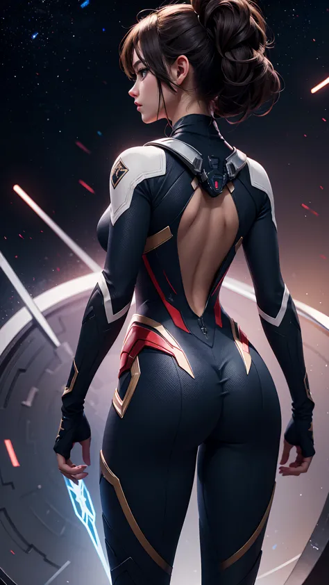 back view, highly detailed, deep focused image, realistic full-lenght photo, suit eve stellar blade