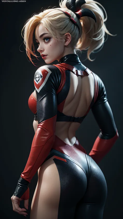 back view, highly detailed, deep focused image, realistic full-lenght photo, harley quinn suit