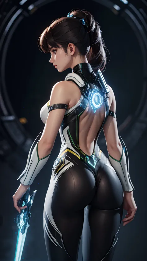 back view, highly detailed, deep focused image, realistic full-lenght photo, suit eve stellar blade