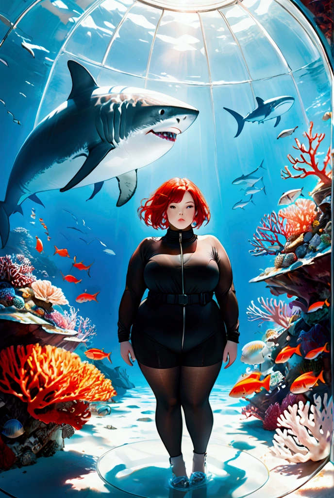 A young plus size model;  short red hair; wearing items from the autumn/winter 2024 collection;  posing inside an airtight glass dome, submerged in a sea surrounded by coral reefs.  in the background a great white shark and the soft natural light of the surface above.  Hyper-realistic clarity.