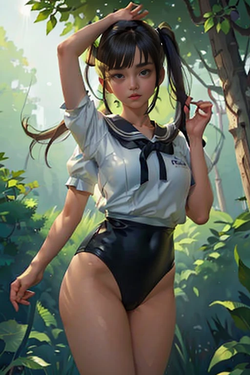 (masterpiece, highest quality),  (夜のdark森), One Girl, young teen, Black gymnastics bloomers, High leg、white blouse, standing in night forest、Anxious expression, 