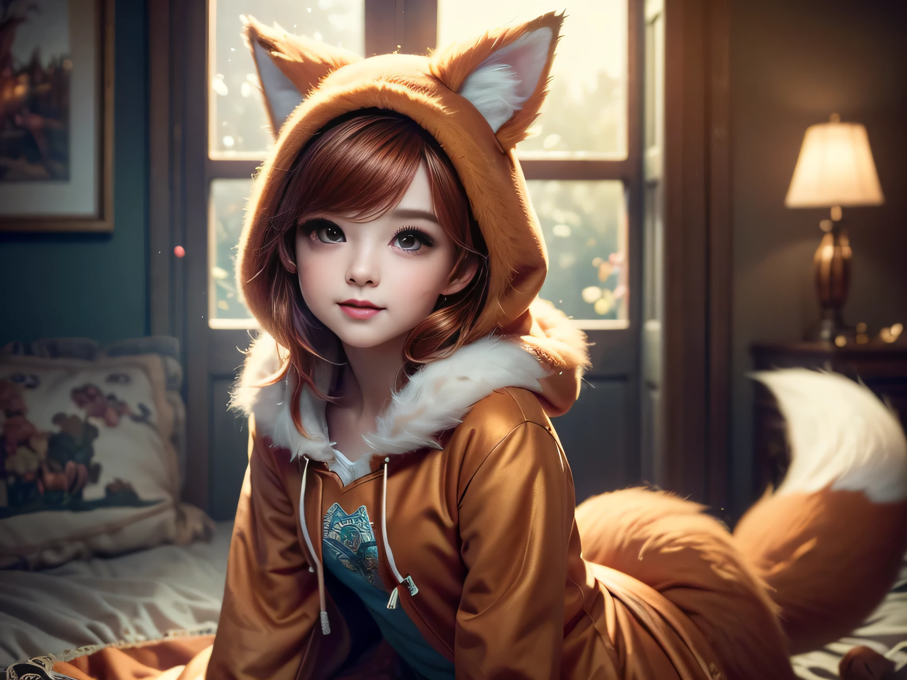 (Best Quality, Super Detailed, masterpiece, representative work, official art, professional, super high detail, 8k:1.3) Cute girl face, ginger hair, ((brown)) eyes, 1 girl, fox costume, hood, fox tail, furry, kneeling, girl dressed as furry, Vivid colors, Red hair, Innocent expressions, Playful features, Natural lighting, Soft background, Photorealistic, Shining eyes, Sharp focus, Glowing skin, Sweet and mischievous look, Hint of mischief, Dreamy atmosphere, Delicate details, soft volumetric light, (backlight:1.3), (cinematic:1.2), intricate details, (ArtStation:1.3)