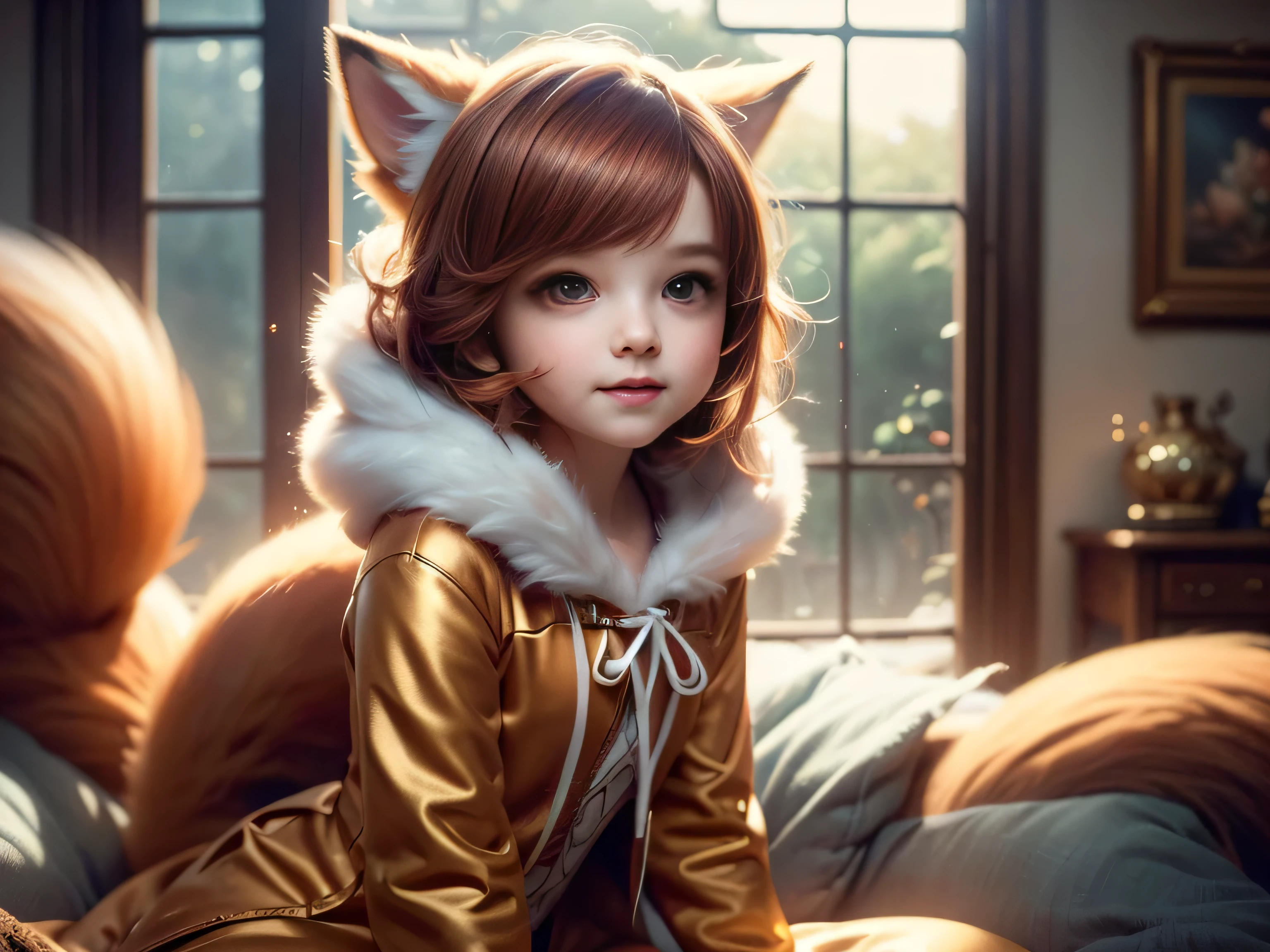 (Best Quality, Super Detailed, masterpiece, representative work, official art, professional, super high detail, 8k:1.3) Cute girl face, ginger hair, ((brown)) eyes, 1 girl, fox costume, hood, fox tail, furry, kneeling, girl dressed as furry, Vivid colors, Red hair, Innocent expressions, Playful features, Natural lighting, Soft background, Photorealistic, Shining eyes, Sharp focus, Glowing skin, Sweet and mischievous look, Hint of mischief, Dreamy atmosphere, Delicate details, soft volumetric light, (backlight:1.3), (cinematic:1.2), intricate details, (ArtStation:1.3)