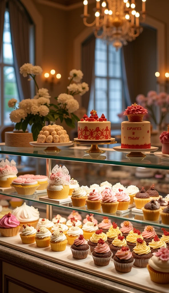 a bakery display case in the foreground, with cakes, Enchanted Cupcakes by Laura Rester, various bakery sweets, beautiful showcase display case