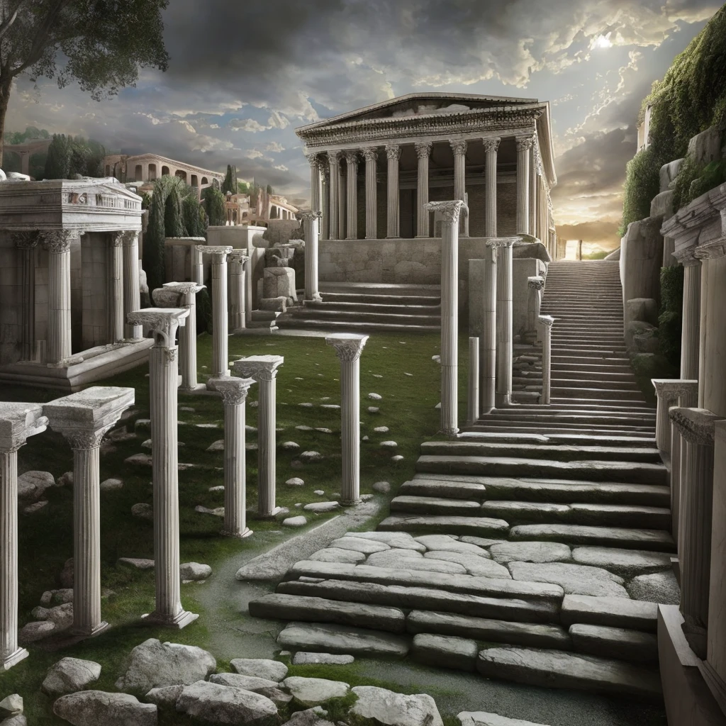 (masterpiece:1.2), (best quality,:1.2), 8k, HDR, ultra detailed, ((photorealistic)), professional light, cinematic lighting, fashion photography, ambient lighting, face lighting, Fantasy picture, stairs leading up to a roman temple, RomAr, epiCPhoto