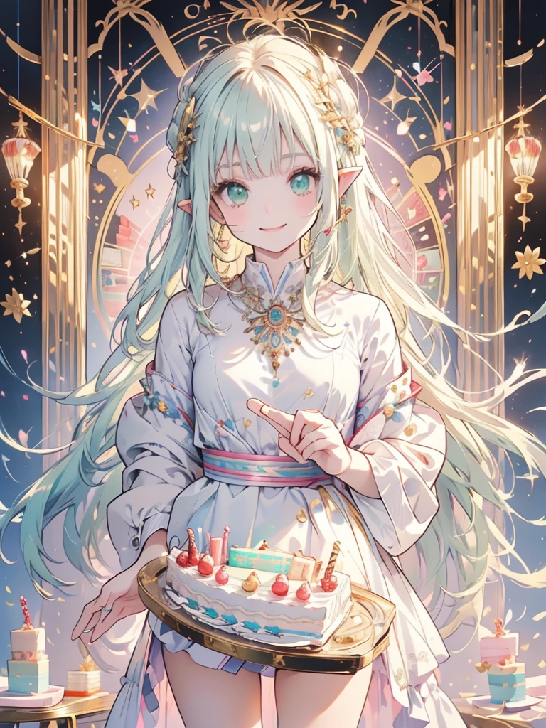 (masterpiece, ultra quality, official art, beautiful and aesthetic:1.2), (1lady), anatomically correct, colorful, absurdres, unity 8k wallpaper, extreme detailed, pretty, (mandala, tangle), divine light, gold leaf art, gold foil, sparkling paintings, long pointy ears, green eyes, silver hair, iridescent dress, jeweled necklace, view audience, long shot, tarotcard, (presenting viewer birthday cake:1.6), (happy smile:1.4), by Alfons Mucha,