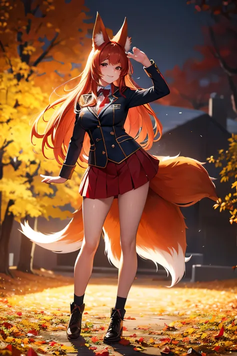 a beautiful red fox girl in a school uniform, cute fox ears and tail, sexy and attractive, full body shot, highly detailed, hype...