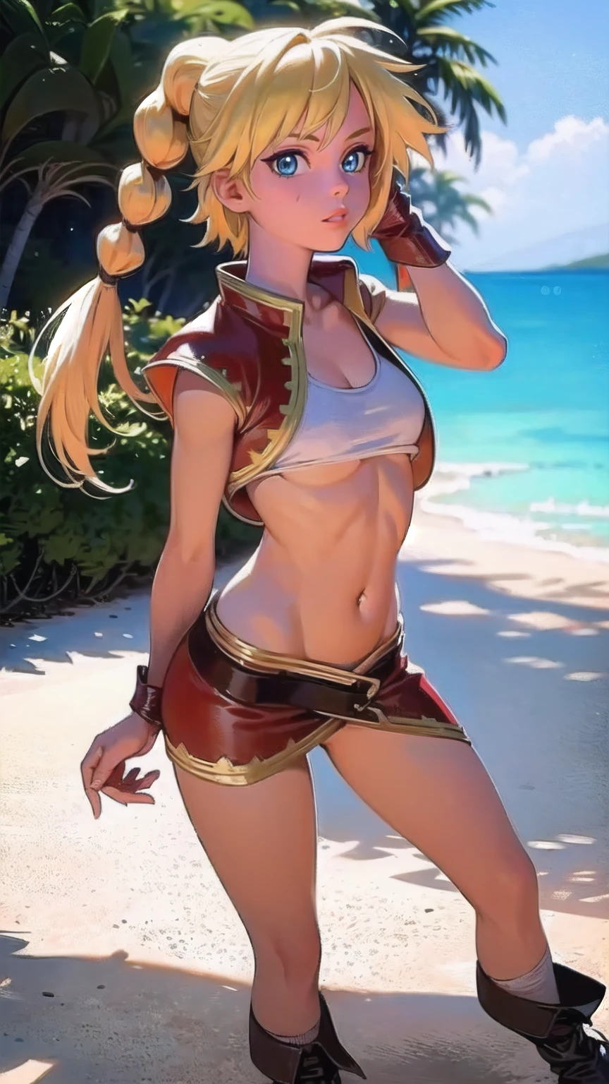 1 adult woman, character "Kid" from chrono cross, kid (chrono cross), ((mature face)), 20 years old, yellow hair in a high braided ponytail, (medium-small bust:1.4), standing on white sandy beach, in various fighting poses, fitted jacket 3/4 cropped (red), white top under jacket, tight fitting micro skirt (red), loose leather boots, ankle wraps, detailed face, detailed eyes, detailed lips, highly detailed hands, best hands, ((perfect hands)), 8k, ultra-detailed 90s era anime style, cinematic lighting, vivid colors, dramatic shadows, masterpiece, award winning art, wide angle, (full length portrait), micrsk3rt, bikini underboob, navel, no bra, bhands