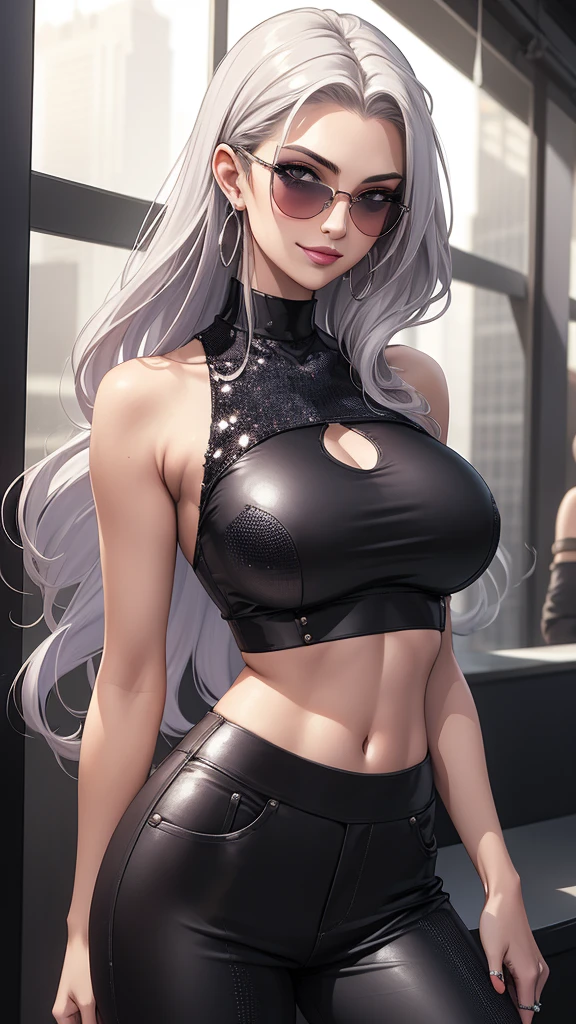 ((best quality)), ((masterpiece)), detailed, realistic, beautiful cool woman with long silver hair, wearing a cool sleeveless sequin cropped top and pants, american armholes, and dark shades, smug smile, modern.