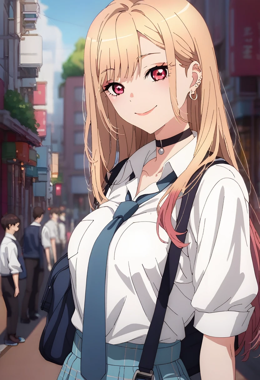 (Score_9_up, Score_8_up, Score_7_up), (masterpiece, Best Quality, Super detailed, Intricate details, source anime, High resolution, Smooth lines), Marin Kitagawa, One girl, Alone, Long Hair, (Large Breasts), View your viewers, smile, bangs, Blonde, Red eyes, jewelry, Multicolored Hair, Earrings, Choker,  black Choker, Earrings, ear Earrings, , White shirt, Tie your shirt, Blue tie, Checked skirt, anime,