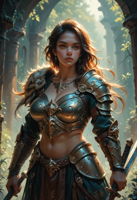 a  woman warrior with large breasts, wearing a fur-lined armor, holding a sword, solo portrait, dark fantasy,