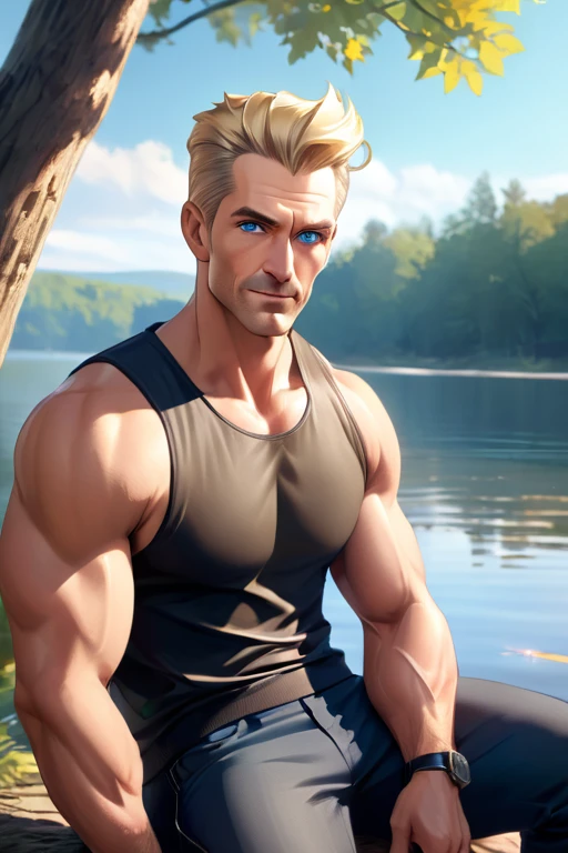 1 mature man; age 50; attractive; masculine adult; toned and muscular, powerful athletic build; slicked back very short blonde hair; expressive blue eyes with black pupils; square-faced; fair skin; smug; rugged good looks; strong square wide jaw; broad-chin; five o'clock shadow; wearing casual holidaying clothes; trending on artstation; masterpiece; complex volumetric lighting; strong shadows; artistic lighting; dynamic; energetic vibe; realistic skin; specular highlights; micro-textures; highly detailed hair; physically active; very masculine; body hair; sitting beneath a tree by a lake 