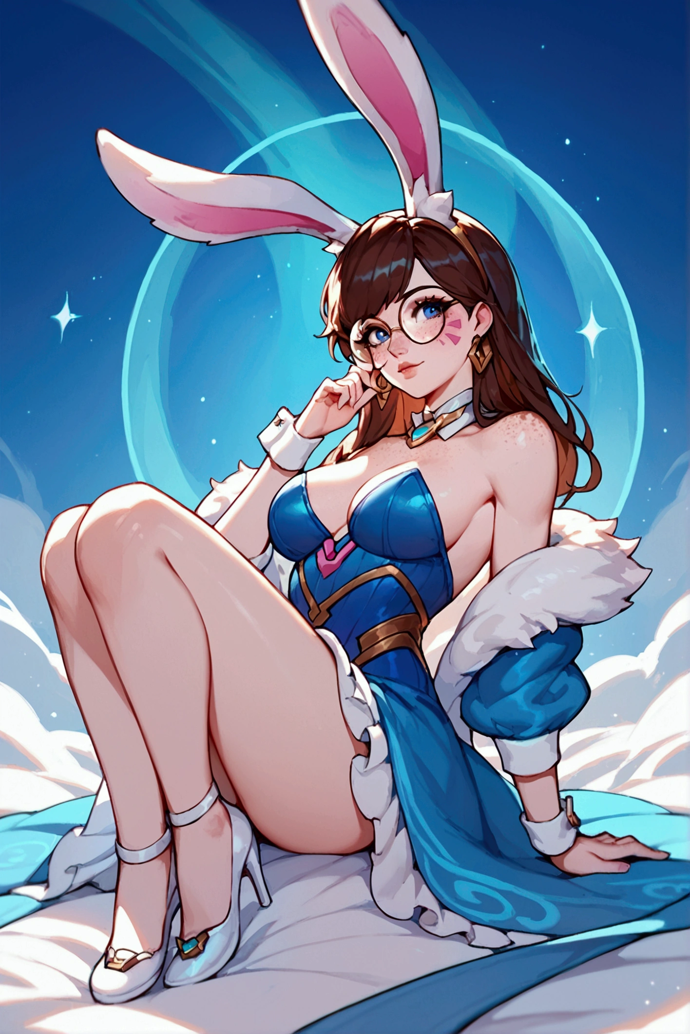 score_9, score_8_up, score_7_up, Aurora (league of legends), 1 girl, blue eyes, round glasses, freckles, bunny ears, sexy, full body, squinty eyes, earrings, long eyelashes, sexy, big bust, pretty face, dressed as D.VA (Overwatch)