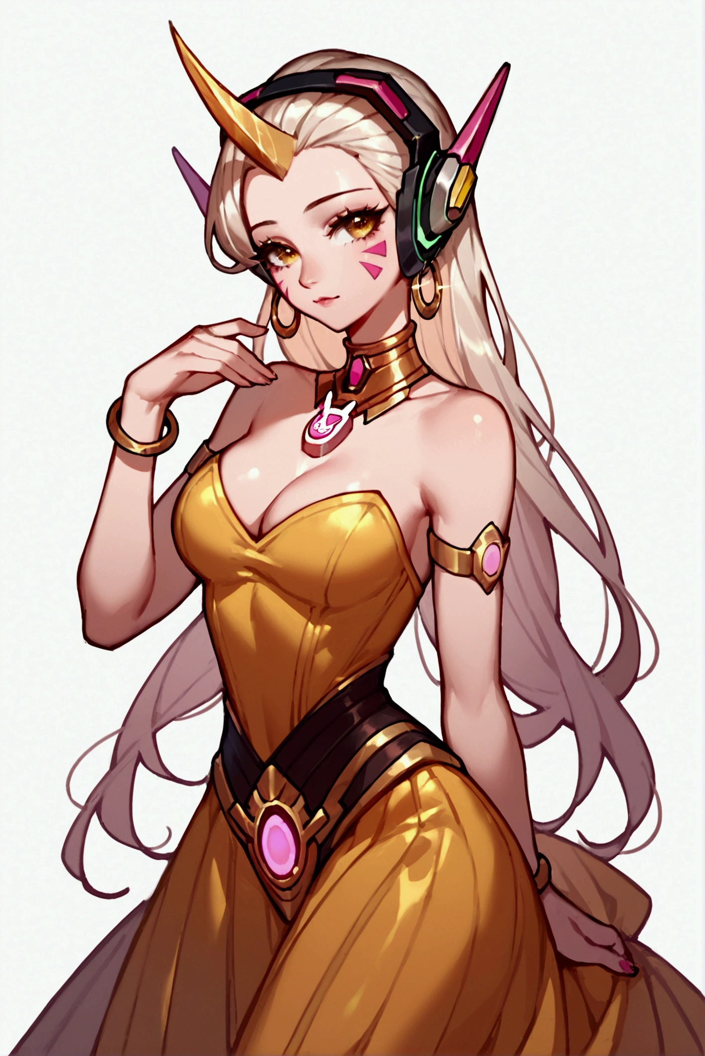 score_9, score_8_up, score_7_up, Soraka (league of legends), 1 girl, yellow eyes, horn on forehead, sexy, full body, squinty eyes, earrings, long eyelashes, sexy, big bust, pretty face, dressed as D.VA (Overwatch)