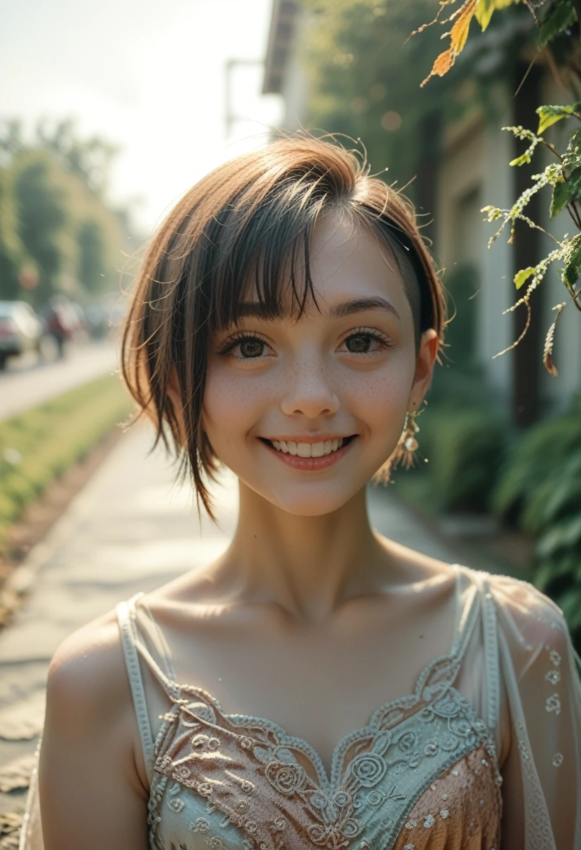 a young beautiful woman, smiling, asymmetrical cut hair style, fall dress, outdoor view, RAW photo, (detailed face), high detail, sharp focus, aesthetic, 8k uhd, DSLR, intricate details, soft lighting, high quality,