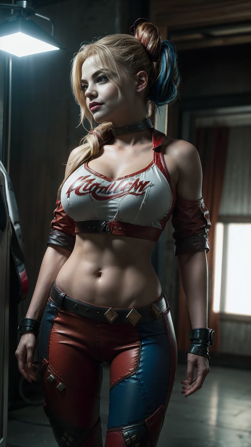 Harley Quinn большой бюст, big tits kate Upton.мини юбка красно синего цвета, красивые ноги ладышка, каблуки. вид снизу. Яркий макияж. Hd ultra Realistic.Photorealistic,Hyperrealistic, Detailed,Sharp,Crisp, High definition,4K resolution, Real-world lighting,Natural textures