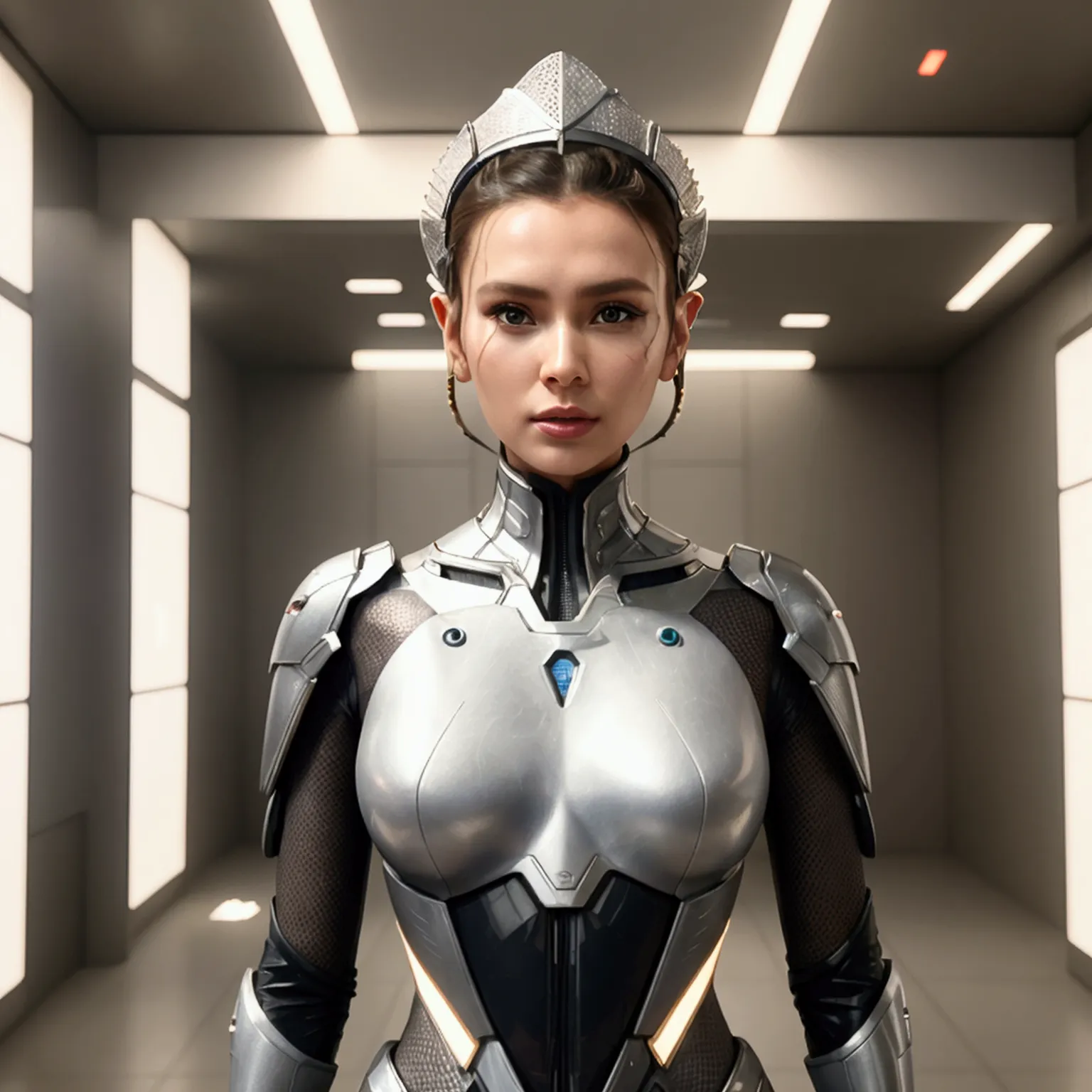 arafed woman in a futuristic suit standing in a room with many metal objects, still frame from prometheus, by huang ding, white ...