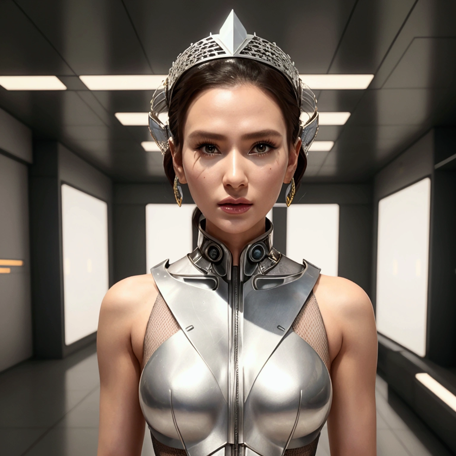 arafed woman in a futuristic suit standing in a room with many metal objects, still frame from prometheus, by Huang Ding, white russian clothes, rendering of beauty pageant, mesh headdress, machine elves, luxury advertisement, shoulders can be seen, cyber patterns, still frame from a movie --ar 16:9  