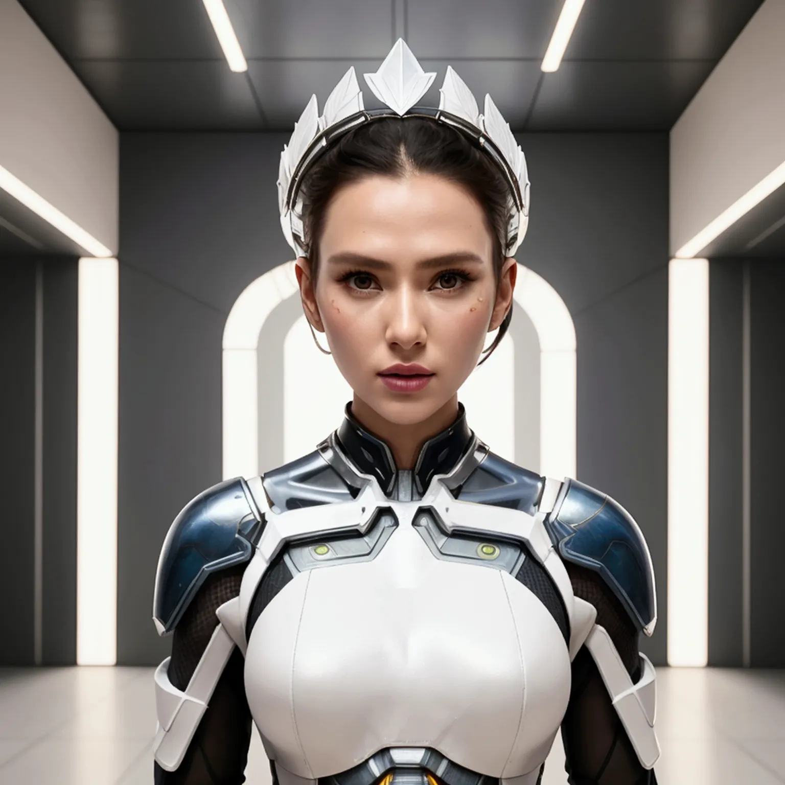 arafed woman in a futuristic suit standing in a room with many metal objects, still frame from prometheus, by huang ding, white ...