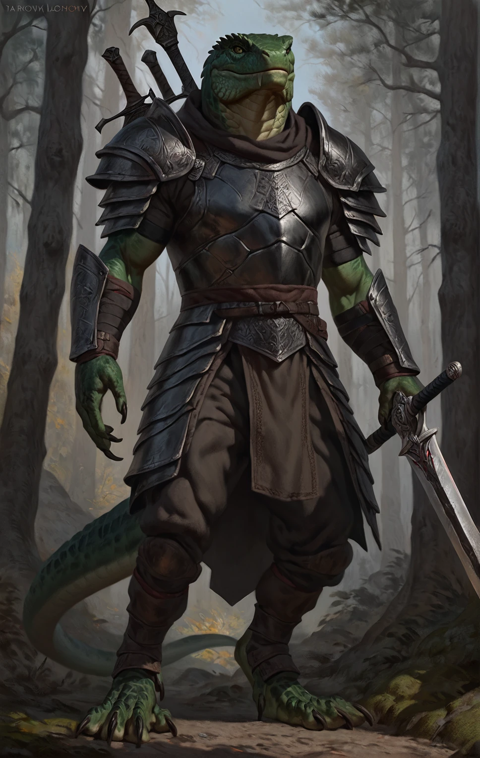 realistic muscular lizardfolk, wearing pants, mercenary, masculine, plantigrade, dark green body, black belly, with cursed sword, warlock, armor, forest background, (best quality,4k,8k,highres,masterpiece:1.2),ultra-detailed,(realistic,photorealistic,photo-realistic:1.37),by laobai, by taran fiddler, by honovy