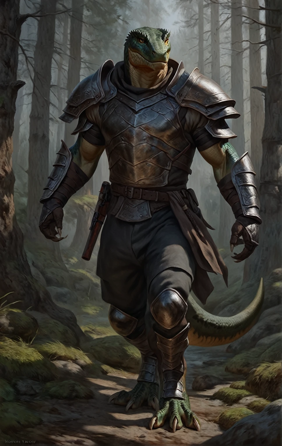 realistic muscular lizardfolk, wearing pants, mercenary, masculine,  plantigrade, dark green body, black belly, armor, forest background, (best quality,4k,8k,highres,masterpiece:1.2),ultra-detailed,(realistic,photorealistic,photo-realistic:1.37),by laobai, by taran fiddler, by honovy