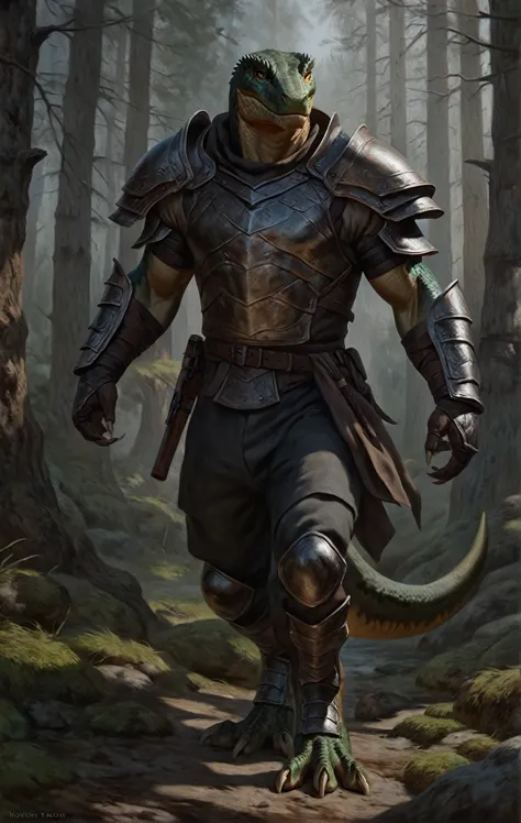 realistic muscular lizardfolk, wearing pants, mercenary, masculine,  plantigrade, dark green body, black belly, armor, forest ba...