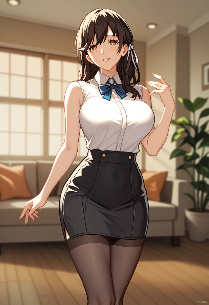 masterpiece, Best Quality, 1 person,(, View your viewers,),Detailed Background、A person who writes in detail、Accurate human body、Knowledgeable person、(Accurate 5 fingers),Mature Woman,Thighsが太い,curvy body、Thighs、Alone,(large breasts),atago_\(azure_lane\),brown_eyes,sleeveless,bare arm,collared shirt, white shirt, Black tights,black skirt,miniskirt,1girl,Alone,((Accurate 5 fingers)),