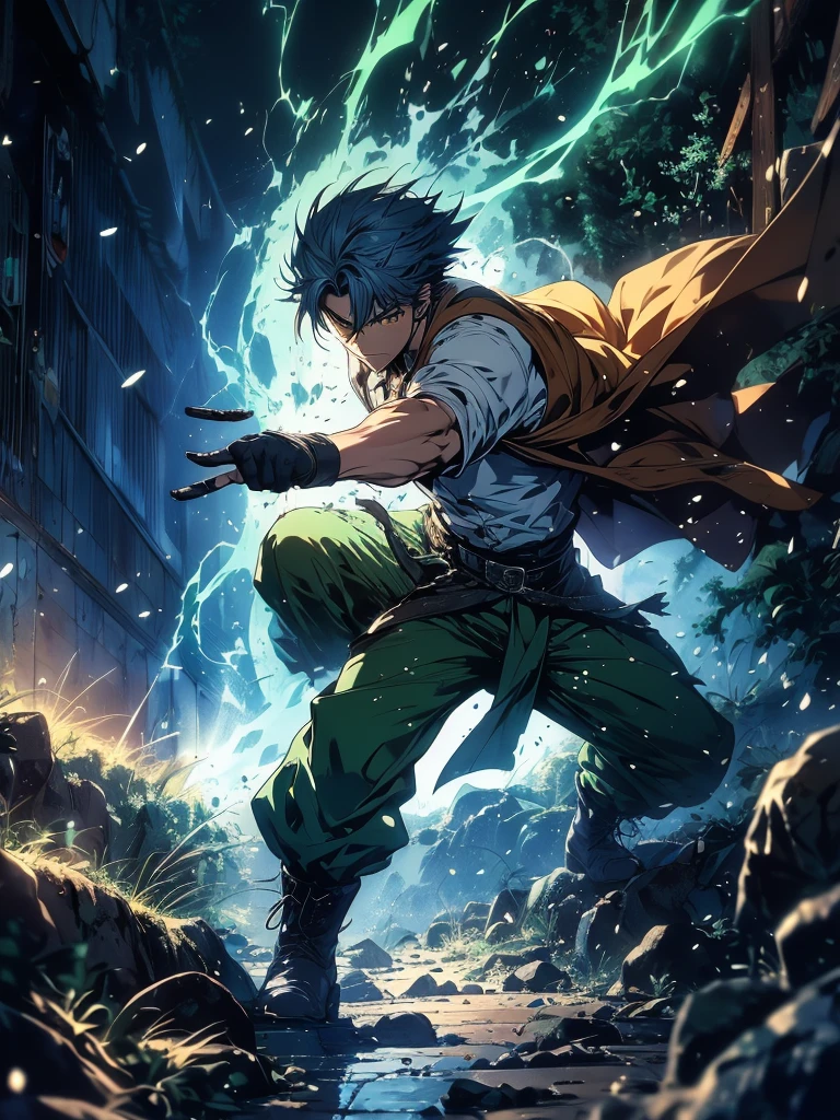 2 anime style wizard man, emanating ice energy, White and spiky hair, yellow eyes, Wearing a white button down shirt, wearing green pants, Wearing a brown belt, Wearing brown boots, wearing half finger tactical gloves, vestindo shoulder holster marrom com uma faca, fighting stance, Action scene, Create a forest background; ((improve the face)); ((high quality)); ((Improve hands)); ((full body)); ((Action scene)); ((fighting pose)); ((epic scene)); ((Improve face)); ((improve hands)); ((full body)); ((gray hair)); ((Kento Nanami style)); ((cena poster)); ((wearing tactical gloves)); ((full HD)); Action scene, Combat, cena poster, fighting stance, ice energy being emanated, ((improve arms)), ((8k Rendering)), blue energy particles, snowflakes around the body,