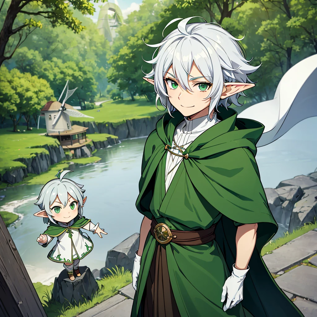 elf, male, silver hair,short hair, medium cut, ahoge, curly hair, green eyes,slender, fair skin, green  wizard Celt robe, Robe with red lines, cloak, White gloves, cool mild Smile, windmill, Solo, icon, chibi, cute, fantasy, standing, wink