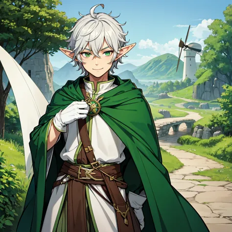 elf, male, silver hair,short hair, medium cut, ahoge, curly hair, green eyes, fair skin, green  wizard celt robe, robe with red ...