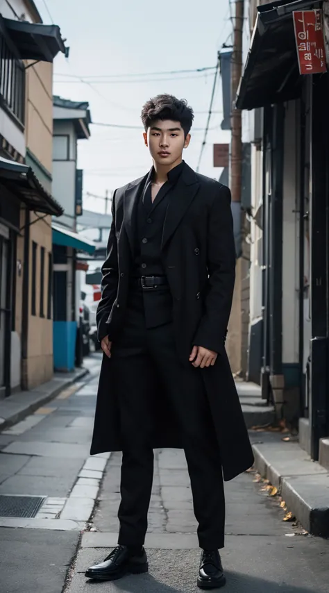 full body photo of a 20 year old korean man, light skin and short black hair, muscular, inspired by the actor lee jun-ho, lookin...