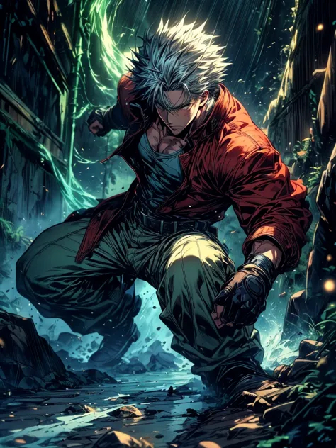 2 anime style wizard man, emanating ice energy, white and spiky hair, yellow eyes, wearing a white button down shirt, wearing gr...