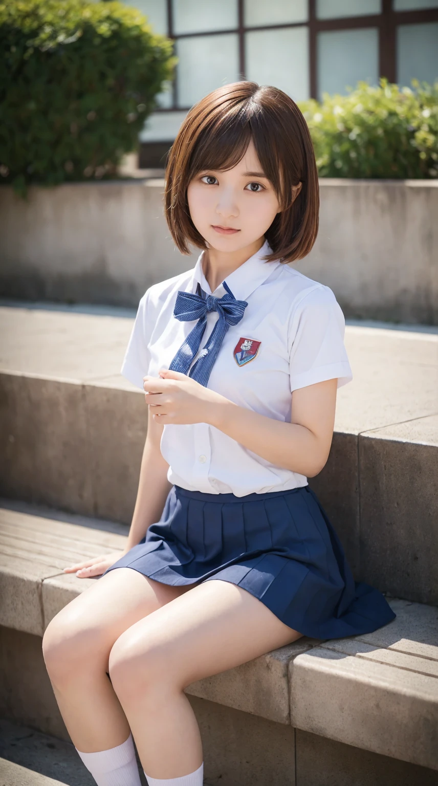 (masterpiece, Best Quality, Best Quality, Official Art, beautifully、aesthetic:1.2), (RAW Photos, Best Quality),(One girl), ,(Cute,Adorable),(Misaka Mikoto Cosplay:1.2)、Clear images、Best Quality、8k、Brown Hair、Asymmetrical Very Short Hair、hairpin、Tokiwadai Junior High School short sleeve uniform、School、Arms crossed、mini skirt,jacket, Loose socks、Sit together&#39;knees、(Sitting with legs crossed:1.2)、panties、(Mikoto rose.:1.2),Her skirt is rolling up,常盤台中Schoolの制服,