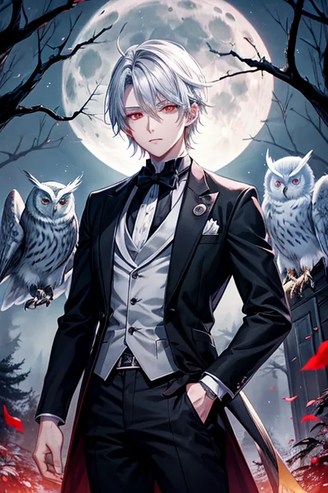 anime style poster anime, young man silver hair red eyes front, divide in two, his soul scape from his body, he os in a dark for...