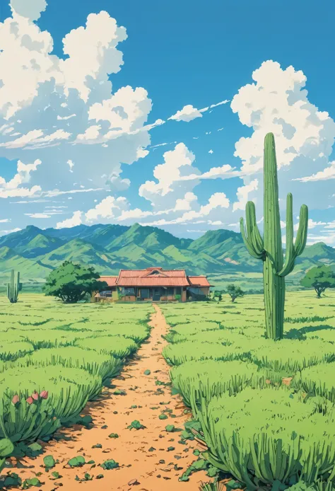 draw a simple tintin style art of a desert field with prickly pear cactus field house meadow sky!!!  clouds!! detailed in a fiel...