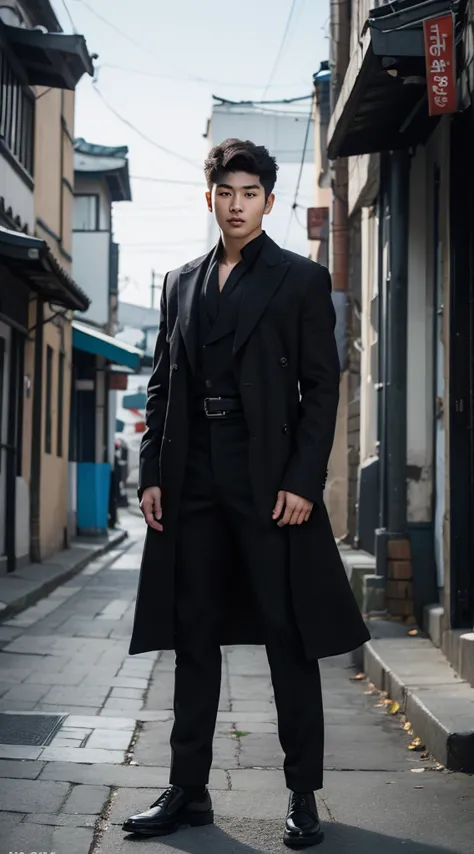 full body photo of a 20 year old korean man, light skin and short black hair, muscular, inspired by actor lee jun-ho, looking at...