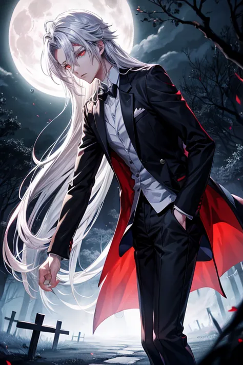 anime style poster anime, young man silver hair red eyes front, divide in two, his soul scape from his body, he stay in a dark f...