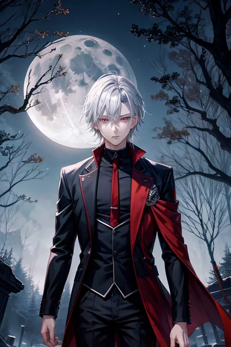 anime style poster anime, young man silver hair red eyes front, divide in two, his soul scape from his body, he stay in a dark f...