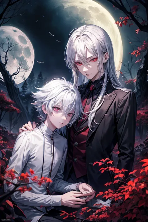 anime style poster anime, young man silver hair red eyes front, divide in two, his soul scape from his body, he stay in a dark f...