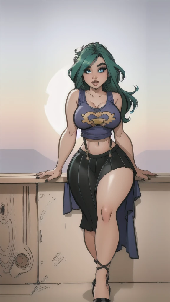 beautiful, (masterpiece:1.2), (best quality:1.2), plus size, thick thighs, wide hips, perfect eyes, perfect face, perfect lighting, gothgirl, 1girl, mature adult woman, green hair, black skirt, breasts, crop top, fingernails, gloves, arms at side, large breasts, lips, long hair, midriff, nail polish, navel, on back, parted lips, blue eyes, skirt, solo, suspenders, (tank top), taut clothes, taut shirt, makeup, 