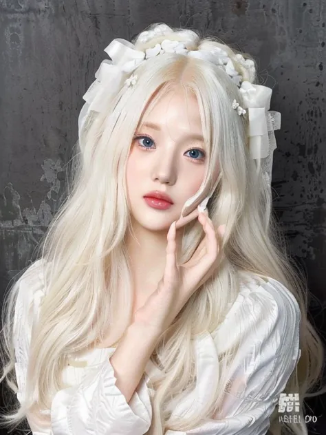 a close up of a woman with long white hair wearing a white dress and blue like eyes, long white hair and bangs, with white long ...