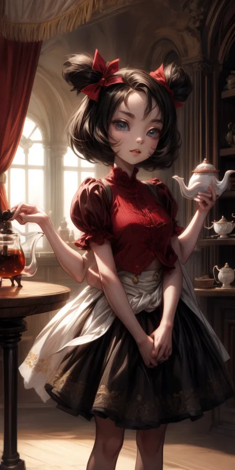 1 girl,chibi,looking at the viewer,smiling,happy,short black curly hair, standing, inside tea shop,mini skirt